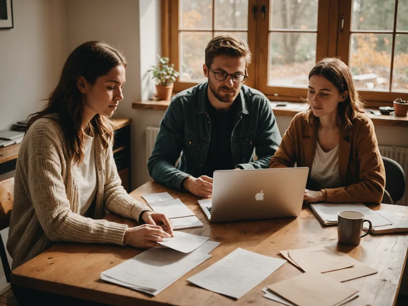 Small team working together around documents and laptops