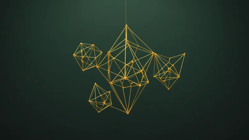 Thin glowing lines connecting floating geometric shapes representing source attribution