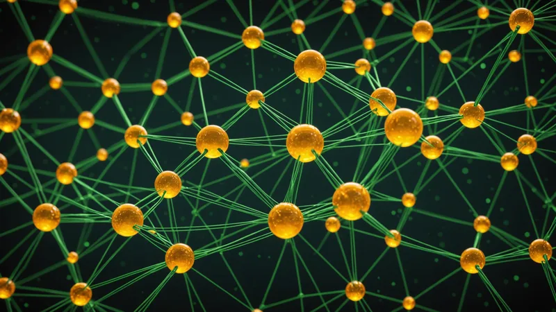 Complex organic network graph with nodes and edges in amber and forest green