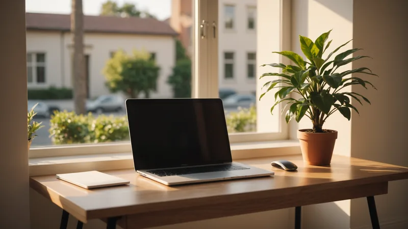 Empty modern desk with laptop and small plant in morning light