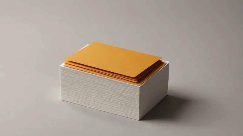 Stacked layers of papers with one amber-colored card lifted from the middle